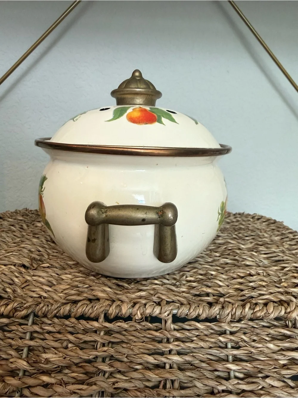 Vintage Fruit Enamel Stovetop Simmer Pot Brass Handles